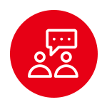 Bayer red circle icon of two people communicating in a discussion
