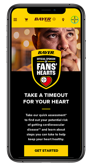 screen shot of Bayer aspirin website or app showing shield icon with Bayer logo stating offical sponsor of fan's hearts with heart at the bottom and headline of take a timeout for your heart - get started