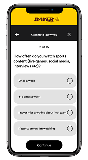 screen shot of Bayer aspirin website or app showing health risk assessment questionaire quiz  asking how often do you watch sports content