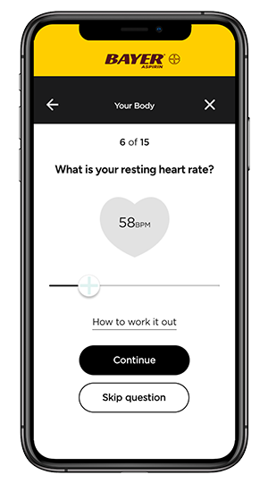 screen shot of Bayer aspirin website or app showing health risk assessment questionaire quiz  asking what is your resting heart rate