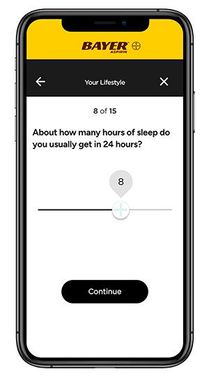 screen shot of Bayer aspirin website or app showing health risk assessment questionaire quiz  asking about how many hours of sleep do you usually get in 24 hours