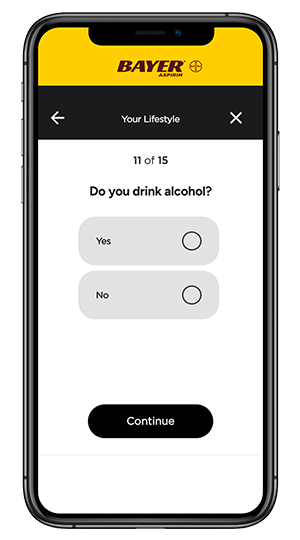 screen shot of Bayer aspirin website or app showing health risk assessment questionaire quiz  asking about how many hours of sleep do you usually get in 24 hours