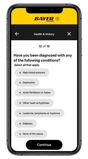 screen shot of Bayer aspirin website or app showing health risk assessment questionaire quiz asking have you been diagnosed with any of the following conditions