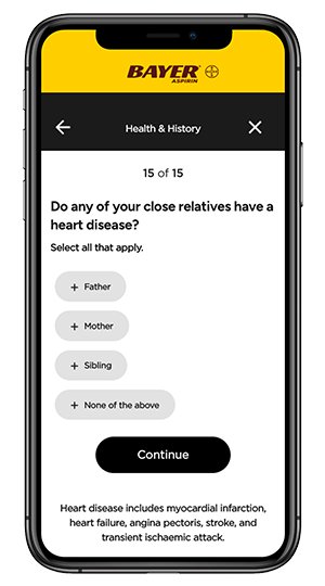 screen shot of Bayer aspirin website or app showing health risk assessment questionaire quiz asking do any of your close relatives have a heart disease