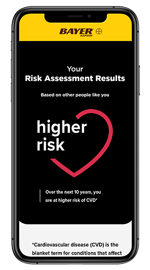 screen shot of Bayer aspirin website or app showing health risk assessment questionaire quiz results page