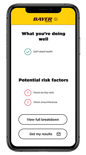 screen shot of Bayer aspirin website or app showing health risk assessment questionaire quiz results page with details of diagnosis