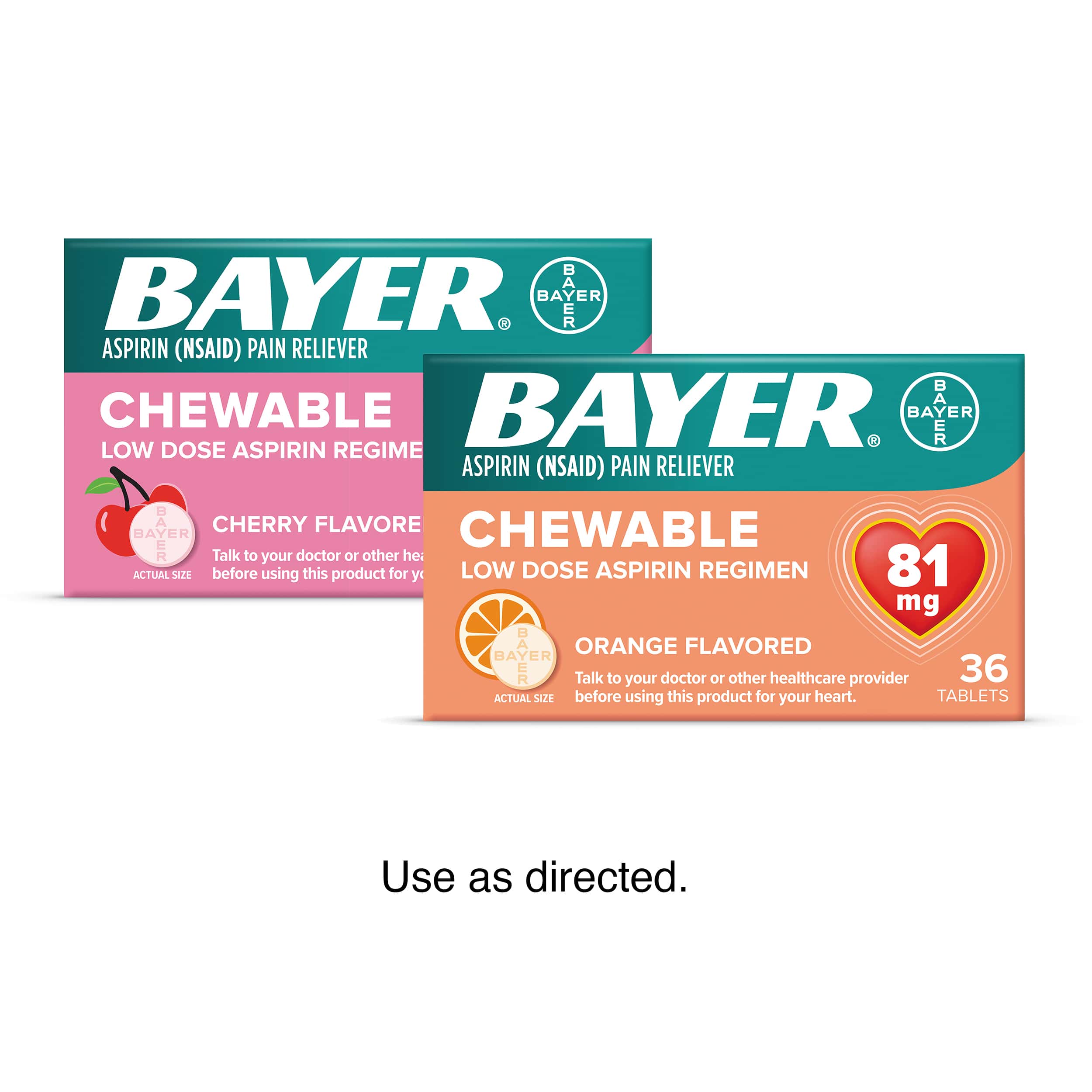 boxes of Bayer Chewable low dose aspirin in cherry and orange flavors
