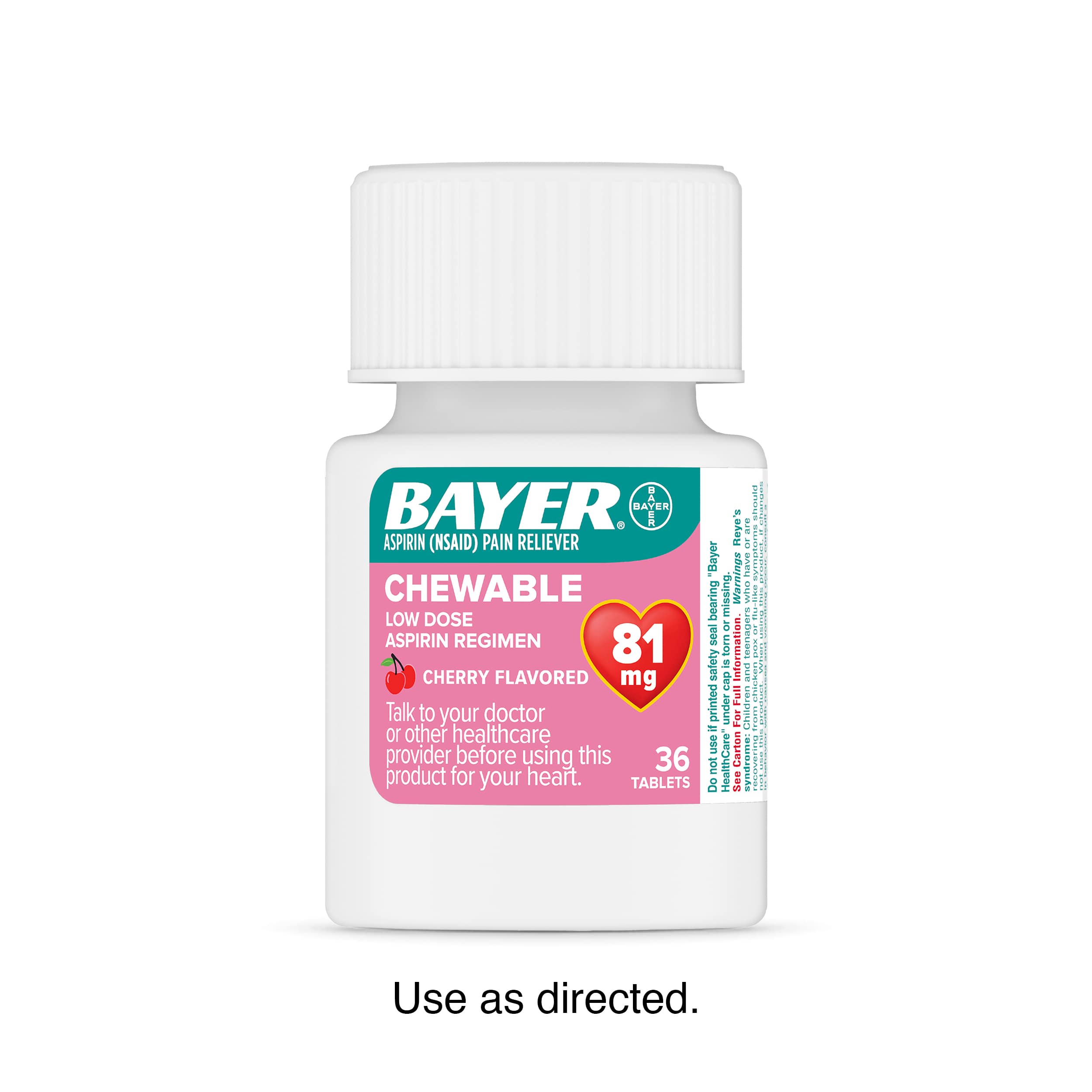 bottle of Bayer Cherry flavored Chewable low dose aspirin