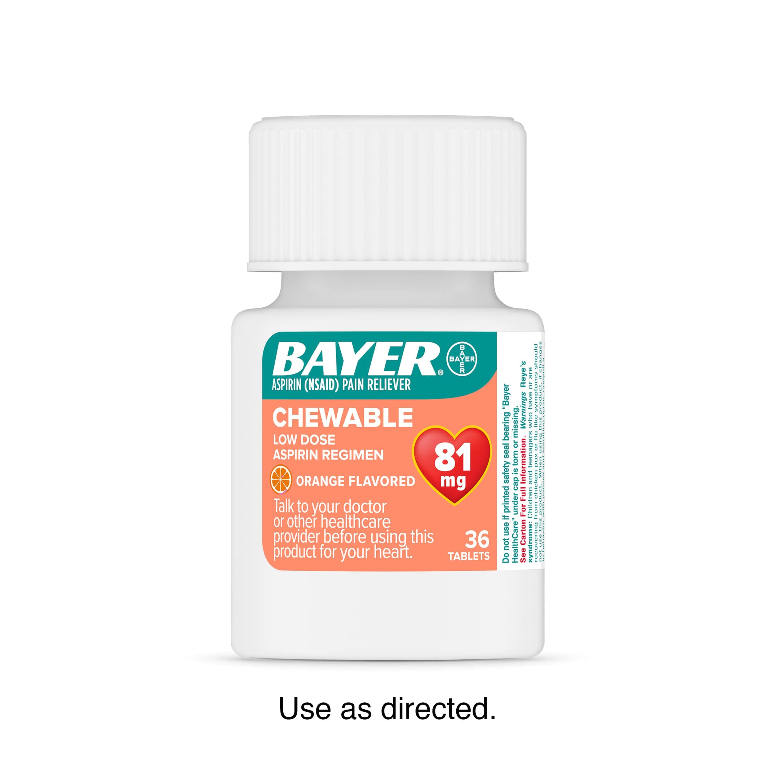 bottle of Bayer Orange flavored Chewable low dose aspirin